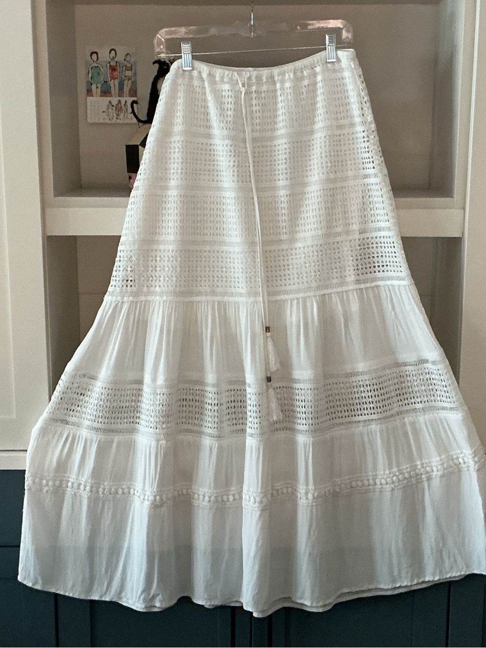 LOVESTITCH Boho White Cotton Flowy Hippy-Like Maxi Skirt - L